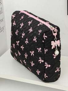 This Pleated Bow Makeup Bag Is Decorated With A Faux Pearl Butterfly Pendant, Has A Casual Large Capacity Design, And Contains A Flat Storage Bag And A Nail Polish Storage Bag, Suitable For Storing Sanitary Napkins, Liners, Wired Headphones, Headphones, Chargers, Lipsticks, Cosmetics And Home Decor Items. - Black - View 18