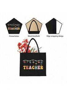 Bolsos de lino con impresión de palabras "Profesor", patrones de flores, letras con patrones de dibujos animados y animación. Incluye bolso cosmético con cremallera, bolso de aseo portátil, bolso de maquillaje, bolso de almacenamiento portátil de gran capacidad, bolsas grandes, bolsas de compra negras, monederos, regalos de agradecimiento para maestros y bolsos de lino de gran capacidad para mujeres. Adecuado para turismo, compras y actividades de playa, de vuelta a la escuela.
