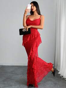 女士优雅现代性感浪漫蕾丝双层不对称荷叶边 V 领连衣裙 - 紅色 - 查看 6