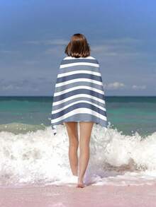 超大柔软吸水条纹沙滩巾 - 现代针织面料，是旅行、度假、泳池和露营的理想之选 - 棕色和绿色可选，必备旅行现代针织吸水毛巾 - 藍色 - 查看 7