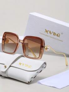 XVBQ 1 副女士超大方形镜框 PC 金属珍珠时尚眼镜，适合日常佩戴，含礼品包装