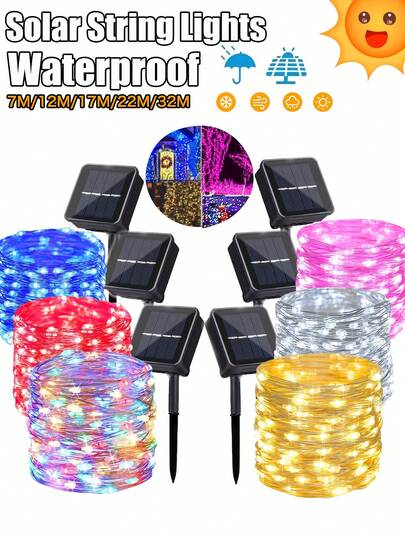 1 paquet Guirlandes lumineuses solaires pour l'extérieur, 23/39/56/72/104 FT 50/100/150/200/300 LED, fil de cuivre IP65 imperméable, 8 modes de lumière féerique solaire pour le jardin, le patio, l'arbre, la fête, le mariage, Thanksgiving, la décoration de la cour