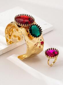 2 Stücke modischer Schmuckset mit mehrfarbigem Kreissteinbesatz und Strass, bestehend aus Armband und Ring für Frauen, elegantes charmantes Accessoire für Sommerfeste, Dates, Alltag und Zusammenkünfte