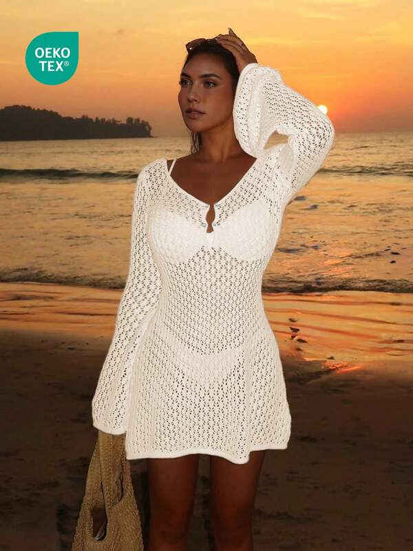 Women's Long Sleeve Hollow-Out Swimsuit Cover-Up, Elegant Boho Beach Vacation Style, V-Neck Short Dress