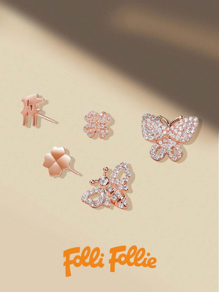 Folli Follie 5pcs Rose Gold-Tone Butterfly Stud Earrings For Women Stainless Steel Zirconia Earrings Butterfly /Heart-Shaped/Clover Earring Jewelry Set Creative Gift For Women