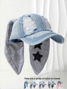 1 pièce Casquette de baseball, chapeau de mode pour femme avec décoration d'oreilles de lapin, casquette vintage délavée et déchirée, décoration d'imprimé étoile, chapeau d'été de protection solaire pour l'extérieur, unisexe pour Halloween