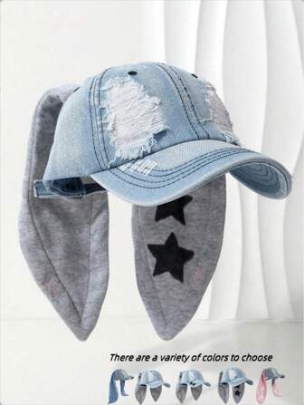 1 pieza Gorra de béisbol, Sombrero con decoración de orejas de conejo de moda para mujer, Estilo desgastado vintage con cierre a presión, Decoración con estampado de estrella, Sombrero para protección solar de verano para exteriores, Unisex Halloween