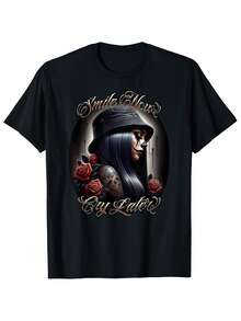 Men Cotton SMILE NOW CRY LATER Chicana Payasa Tattoo Chicano Artwork T-Shirt - Black - View 1