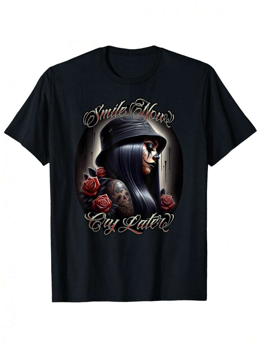 Men Cotton SMILE NOW CRY LATER Chicana Payasa Tattoo Chicano Artwork T-Shirt - Black - View 1