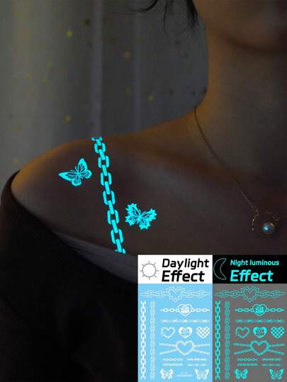 قطعة واحدة من وشم مضيء في الظلام سوار عقد مع تطعيم أبيض، يضيء باللون الأزرق في الظلام، مقاوم للماء وسهل التطبيق على الرقبة والذراع والساق وغيرها