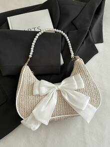 Túi xách hình lưỡi liềm bằng kim loại màu trơn thời trang dành cho nữ, Túi tote đa chức năng, Túi cầm tay, Túi đi nghỉ, Túi đi biển, Túi rơm giải trí, Túi điện thoại - Màu be - Xem 7