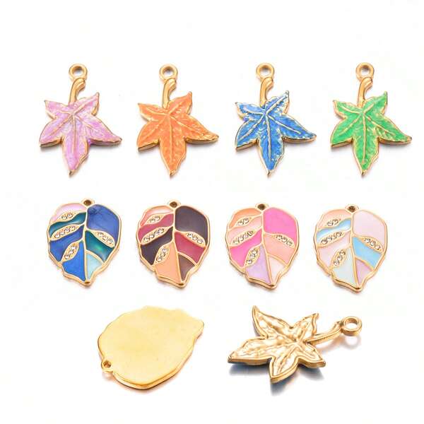 1pc Colorful Rhinestone Stainless Steel Leaf Shaped Pendant, Suitable For DIY Women Necklace, Earring, Bracelet, Regular Jewelry Accessories