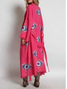 Cotton Gauze Print Kimono - 紫紅色 - 查看 4
