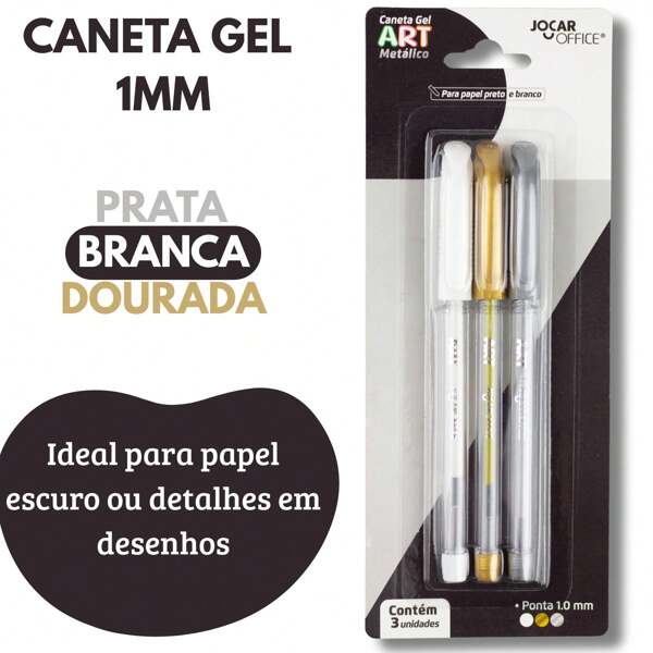 Pitili Caneta Gel Metálico Blister Branca, Prata, Dourada 1mm 3 Unidades Para Detalhes
