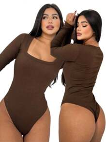 Body Feminino Manga Longa Decote Quadrado Suplex Elegante Estilo Casual Outono Inverno