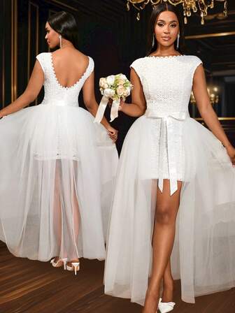 Elegant White Bodycon Backless Mini Lace With Detachable Bandage Mesh Wedding Dress Bridal,Outfit For Date,Party,Wedding Dress,Bridesmaid Dress,Graduation Dress,Wedding Guest,Back To School