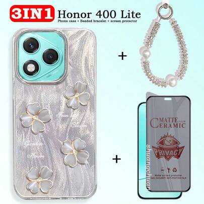 3 件/套适用于荣耀 400 Lite 屏幕保护膜、手机壳、防摔手机壳、手机挂绳、仿珍珠水钻挂链、奢华风格手机配件套装适用于荣耀 X5B、X5B Plus、X6C、X6B、X7C、X8C、X8B、Reno14 F、Spark40、40c 防水钢化玻璃防震防刮防指纹全覆盖