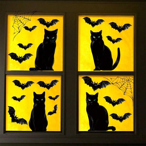Pegatinas de ventana de Halloween, pegatinas decorativas de ventana autoadhesivas de PVC con gato negro espeluznante de Halloween, pegatinas de murciélagos en la pared, adecuadas para dormitorio, sala de estar, baño y otras escenas, pegatinas de pared para fiesta festiva