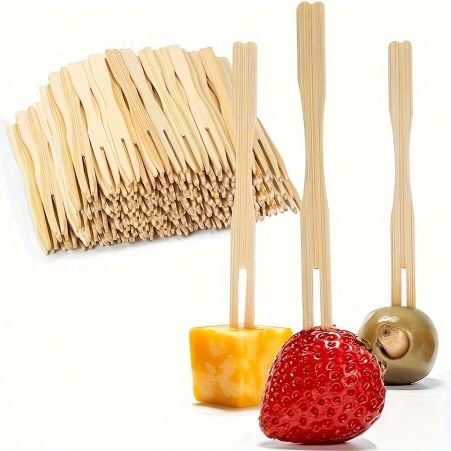 [High-Quality Bamboo Forks] 100/200pcs High-Quality Bamboo Mini Forks - 3.5" Disposable Forks For Parties And Events - Cocktail Accessories