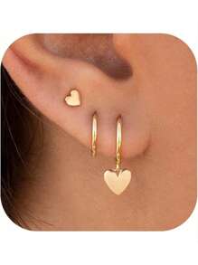 Juego de 3 pendientes aro dorados con baño de oro de 14K, pendientes colgantes con aros apilados en forma de corazón/estrella/luna, apropiados para mujeres, de estilo de moda.