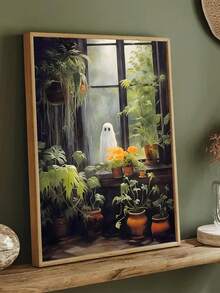 1 Stück Moderne Geisterspitze im Fenster, Pflanzenliebling Geist, Innenraumdrucksache, Dark Academia Dekoration, Blumen druckbar, Gotische Vintage Malerei, Geist nimmt Bad in der Badewanne, Grüner floraler Badezimmer-Muster, Botanisches Bad-Interieur, Badewanne Cottagecore Dark Academia druckbare Dekoration Vintage Poster, Halloween Zimmer Dekoration