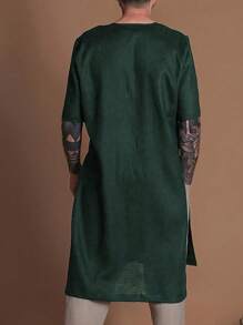 男士休闲长款T恤，纯色，柔软梭织面料，简约优雅，宽松版型，适合外出、户外活动、通勤，百搭时尚，男士必备，斋月短袖长袍