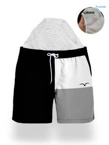 Men's Summer Printed Pattern Drawstring Waist Slant Pocket Hawaiian Quick-Dry Double-Layer Mesh Lining Shorts, Contrast Color 3D Artistic Print, Fashion Casual Beachwear Swim Trunks