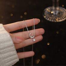 1 Piece Of Fashionable S925 Sterling Silver Star Moon Necklace For Women Niche Light Luxury Moon Clavicle Chain Versatile Star Zirconia Foot Silver Jewelry
