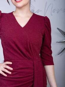 Women's Lurex Party Midi Dress 3/4 Sleeve V Neckline - 紅木色 - 查看 3