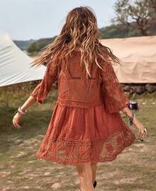 Women's Contrast Lace Loose Swimsuit Cover Up Beach Dress - Swimwear 2025 IBGX - Red - View 2