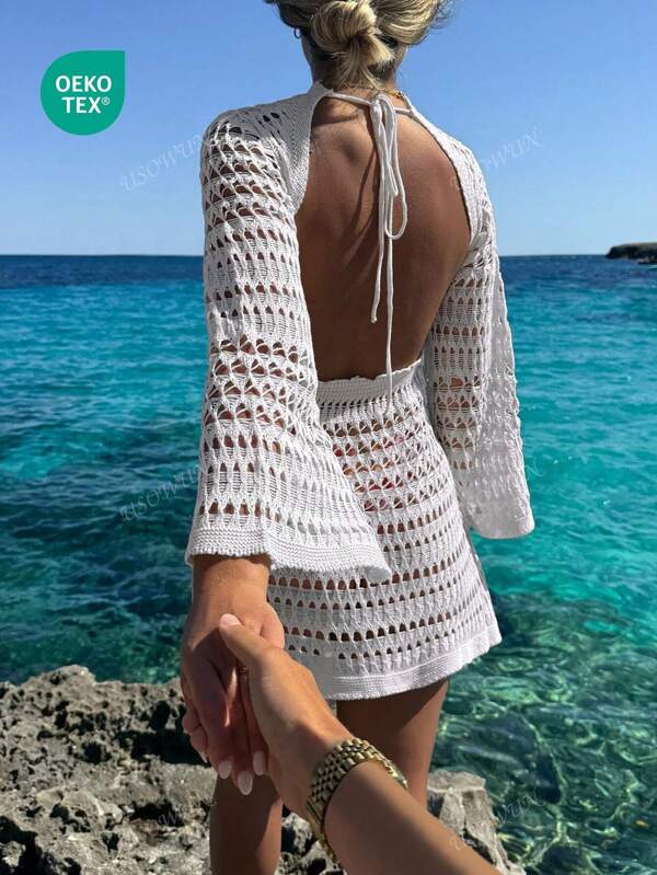 Women's Spring Summer Beach Outfits Bohemian Sexy Hollowed-Out Backless Long Sleeve Crochet Cover Up Sundress