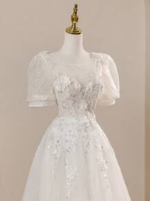 Elegant Puff Sleeve Floral Lace Princess Ball Gown Wedding Dress