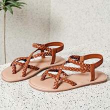 Women's Wide Width Flat Sandals, Flip Flop Casual Slip On Strappy Sandals Summer Beach Shoes For Women. - 棕色 - 查看 2