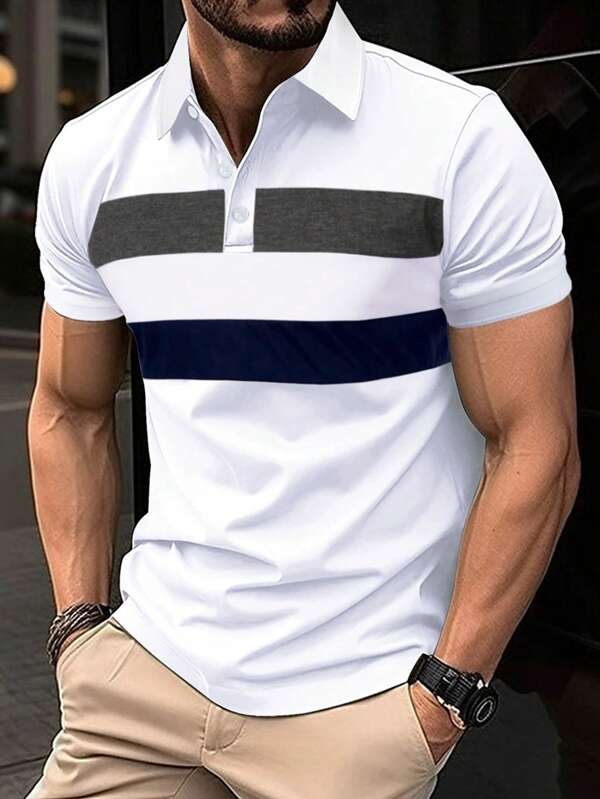 Men's Fashion Contrast Color Casual Short Sleeve Polo Shirt