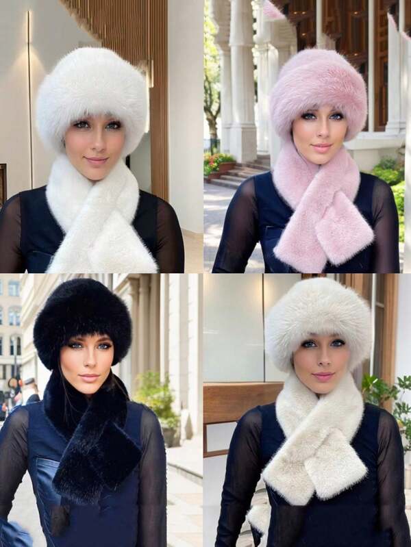 1 Set, Warm, Versatile Combo: 1 Mongolian Lamb-Fur Style Winter Hat + 1 Matching Fluffy Neck Warmer/Scarf, Fashionable For European/American Market Winter Accessories