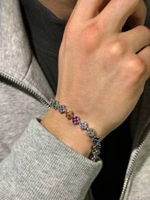 1pc Fashionable Colorful Four-Leaf Clover Copper Zirconia Bracelet For Men, Punk Hip-Hop Men's Bracelet, Suitable For Daily Wear