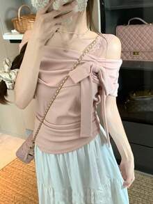 不对称领口短袖独特美观收腰露肩修身修身T恤 - 粉色 - 查看 3