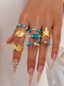 8 件夏季海洋风格海星戒指套装，女士时尚波西米亚种子串珠弹力戒指，贝壳戒指，波西米亚风戒指首饰适合度假、海滩派对、日常佩戴。 - A12738 - 查看 12