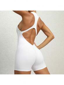 Women's Sleeveless Yoga Jumpsuit, Zipper Vest Exercise Clothing Set Women's Fashion Sports Coveralls - 白色 - 查看 4