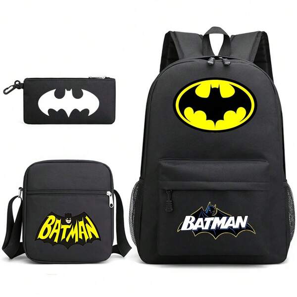 Warner Bros WB Batman Three Piece Backpack Casual Backpack, College Style Fashionable Student Backpack Printed Large Capacity Outdoor Backpack, Cute Cartoon Backpack, Back To School Season, Halloween, Christmas Gifts