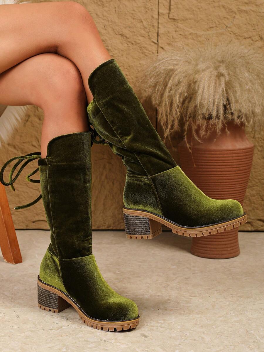 Olive Green Velvet Mid-Calf Boots, Chunky Heel Design, Retro & Fashionable, Must-Have For Autumn/Winter