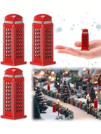 1 件圣诞迷你村庄配件复古装饰，金属圣诞伦敦桌面装饰适用于卧室宿舍家居微型圣诞节乡村街道装饰（电话亭）