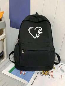 1pc Women'S Stylish Black Backpack With Heart & Butterfly Print - Lightweight, Large Capacity, Multi-Functional School & Travel Bag With Adjustable Straps, Zipper Closure, And Polyester Linin - Black - View 9