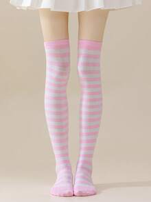 1双女士细条纹多色角色扮演JK日系系列过膝长袜，Y2K风格，舒适 - 彩色 - 查看 5
