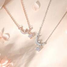 1 Piece Of Fashionable S925 Sterling Silver Star Moon Necklace For Women Niche Light Luxury Moon Clavicle Chain Versatile Star Zirconia Foot Silver Jewelry