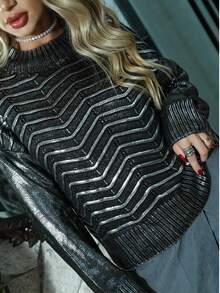Women's Knitted Blouse Round Neck Ribbed Metallic Shine Winter Striped Wool-Like Fabric Knitted Contrasted Waistband Daily Night Holiday Travel - 深灰色 - 查看 2