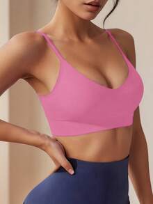 1pc Solid Color Casual Racerback Sports Bra For Women, Seamless Comfortable Thin Strap Sexy V-Neck Fashion Sports Bra Camisole, Suitable For Daily Wear, Yoga - Hot Pink - View 5