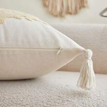 1pc Beige Coral Embroidery Cushion Cover - Linen Fabric With Tassels On Four Corners, Suitable For Modern Country Style Interior Decor, Sofa Throw Pillow Case/Cushion Cover, Daily Use & All-Season Decor, Insert Not Included