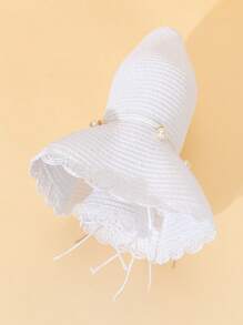 1pc Women's Khaki Wave Beach Sun Hat With Faux Pearl & Bowknot Detail, Elegant Beach Travel Vacation Sun Hat