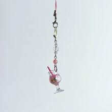 Original Design Y2K Style Cute Summer Cooling Handmade Crystal Beaded Imitation Cocktail Drink Pink Mobile Phone Lanyard Charm, Earphone Case Strap